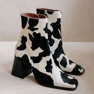 Cow Print Pony Hair Square Toe Chunky Heel Leather Boots Aloha
